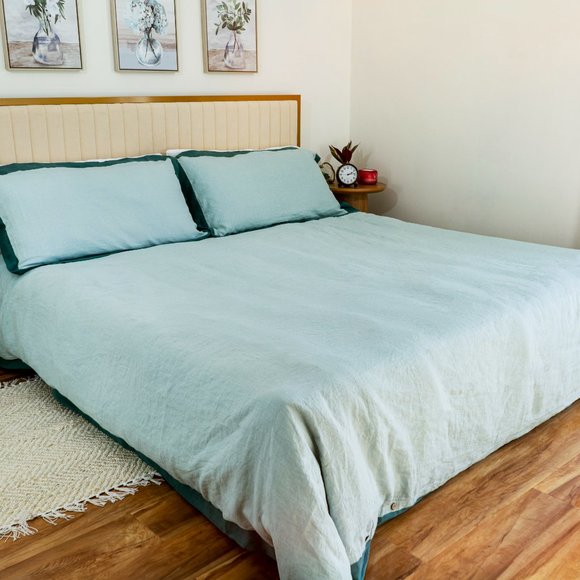 Sweet Palms-100% French Linen European Style Duvet Cover Set (Green, Queen Size) - Picture 2 of 9